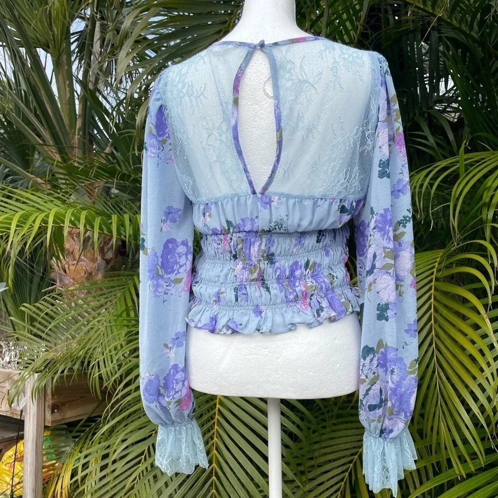 Free People Blue Daphne Sheer Paneled Blouse Size Small